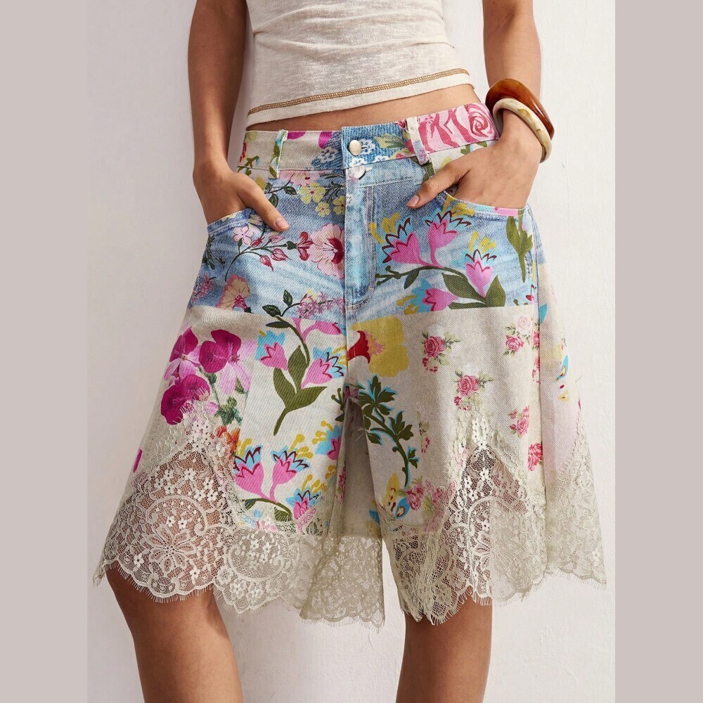 Blue / Pink / Cream Floral Print Lace Trim Bermuda Denim Shorts